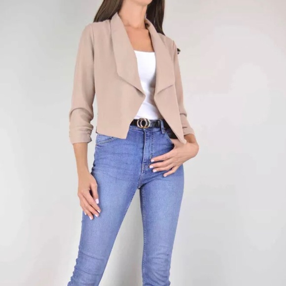 Taupe Crop Blazer With 3/4 Sleeved - Picture 4 of 5